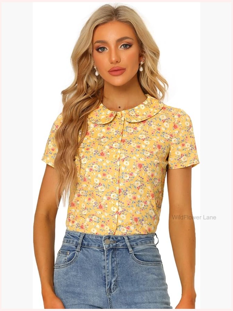 Peter Pan Collar Blouse Button Front Floral Short Sleeve Cotton Top